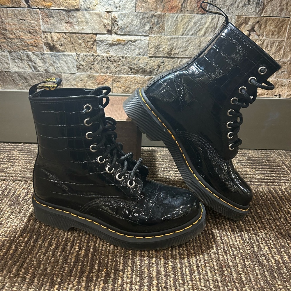 Dr Martens black patent crocodile boots